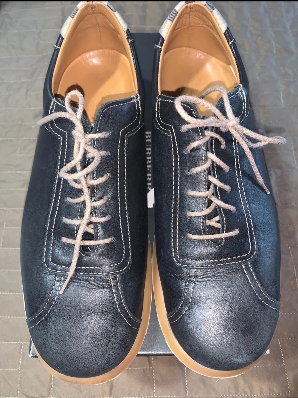 Burberry Black & Tan Leather Sneakers with Rubber Soles